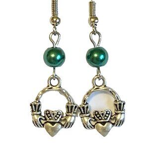 Claddagh Earrings Silver Plated Irish Celtic St Patricks Day Green Glass Pearl